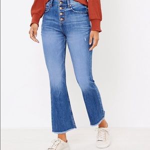 LOFT High Waist Button Fly Flare Crop Jeans in Light Indigo Wash size 33 NWOT